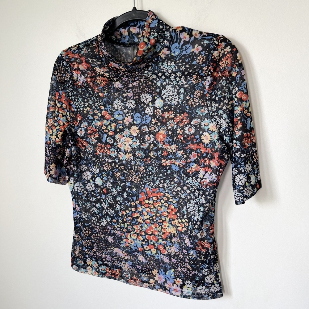 Anthropologie Floral Mesh Mock Neck Top Black Multi Medium ASO Kelly Clarkson - Picture 4 of 11